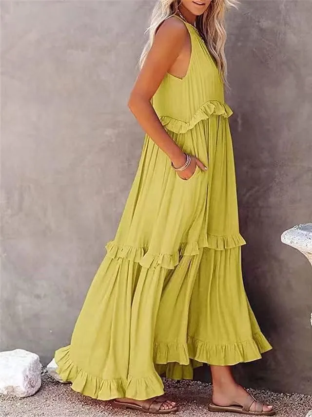 Women's 2024 Summer Sleeveless Halter Maxi Maxi Dress Casual Floral Tiered Flowy Long Sundress Boho Beach Dresses