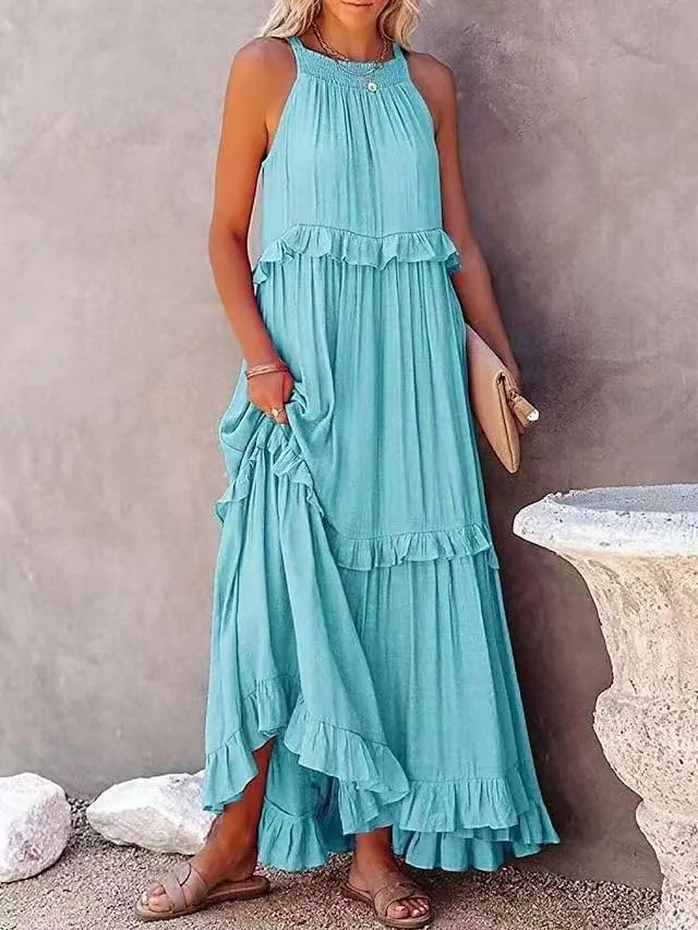Women's 2024 Summer Sleeveless Halter Maxi Maxi Dress Casual Floral Tiered Flowy Long Sundress Boho Beach Dresses