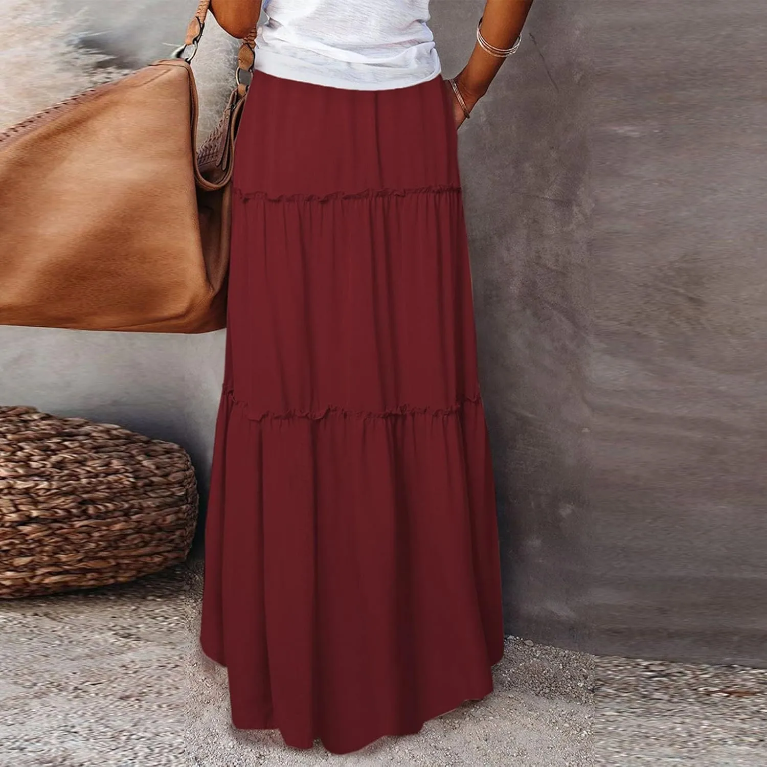 Women's 2025 Summer Boho Maxi Skirt Floral Print High Waisted Vacation Outfit - Flowy Beach Skirt with Pockets