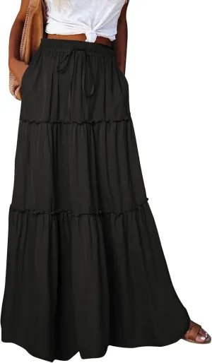 Women's 2025 Summer Boho Maxi Skirt Floral Print High Waisted Vacation Outfit - Flowy Beach Skirt with Pockets