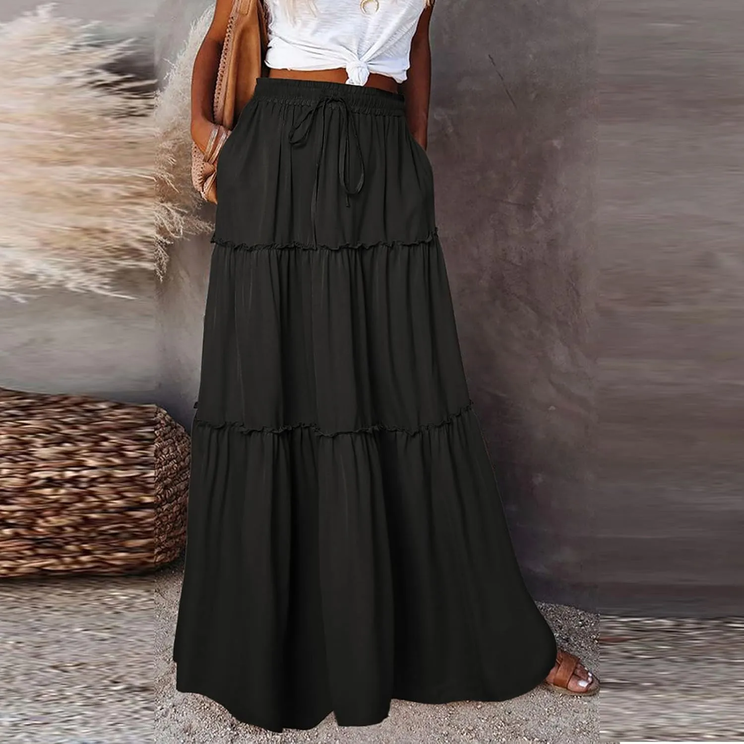 Women's 2025 Summer Boho Maxi Skirt Floral Print High Waisted Vacation Outfit - Flowy Beach Skirt with Pockets