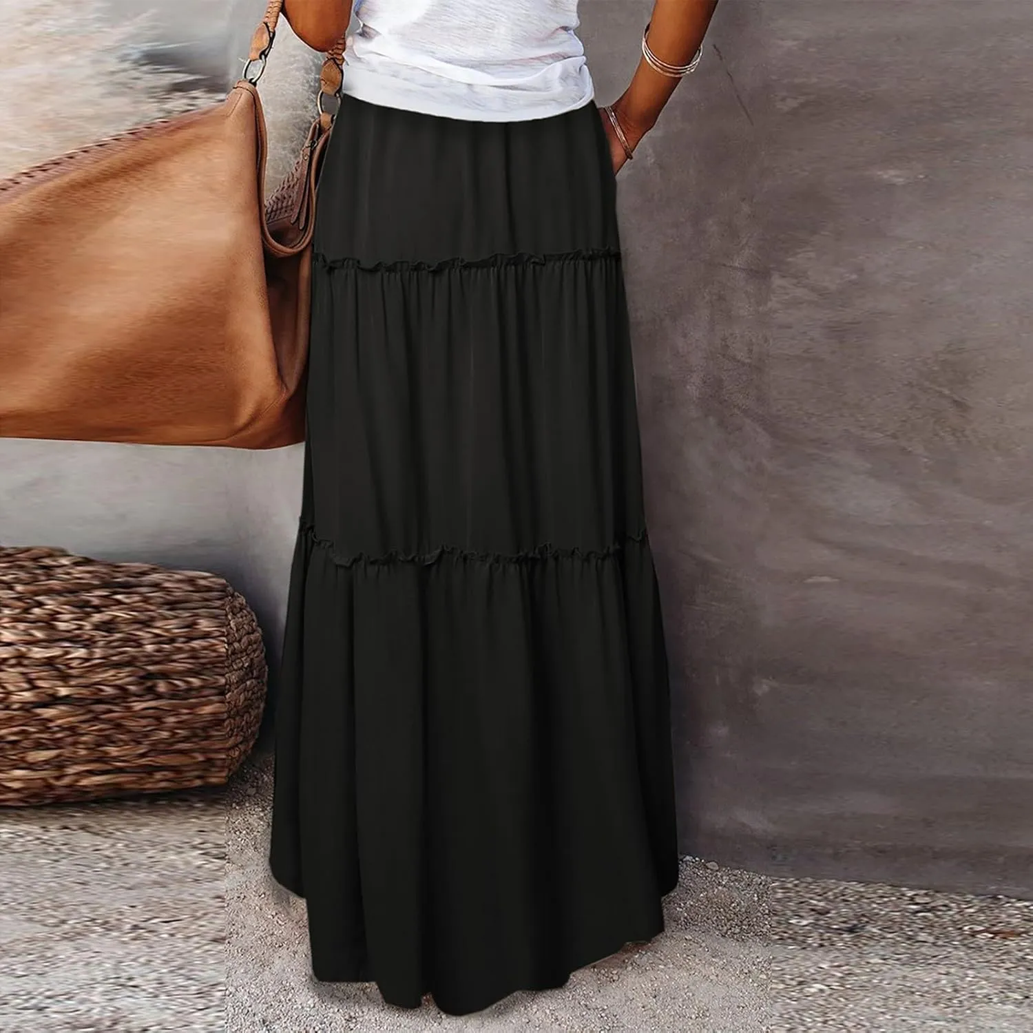 Women's 2025 Summer Boho Maxi Skirt Floral Print High Waisted Vacation Outfit - Flowy Beach Skirt with Pockets