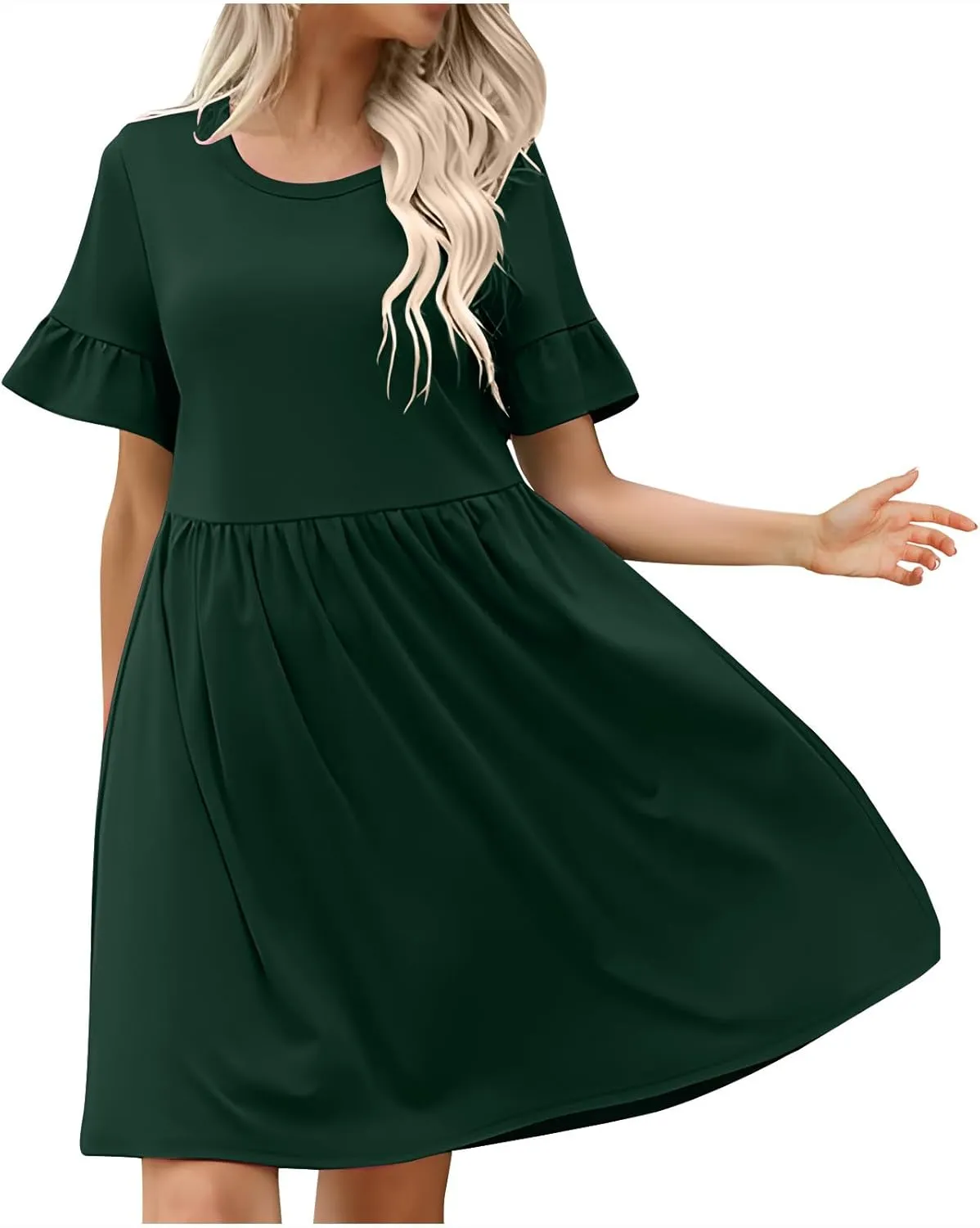 Women's 2025 Summer Dresses Ruffle Short Sleeve Casual T-Shirt Dress Casual Loose Round Neck Swing A Line Sundresses