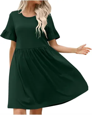 Women's 2025 Summer Dresses Ruffle Short Sleeve Casual T-Shirt Dress Casual Loose Round Neck Swing A Line Sundresses