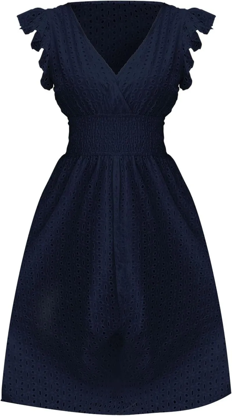 Womens 2025 Summer Short Dress V Neck Short Sleeve A Line Hollow Out Lace Ruffle Cute Casual Beach Party Dresses