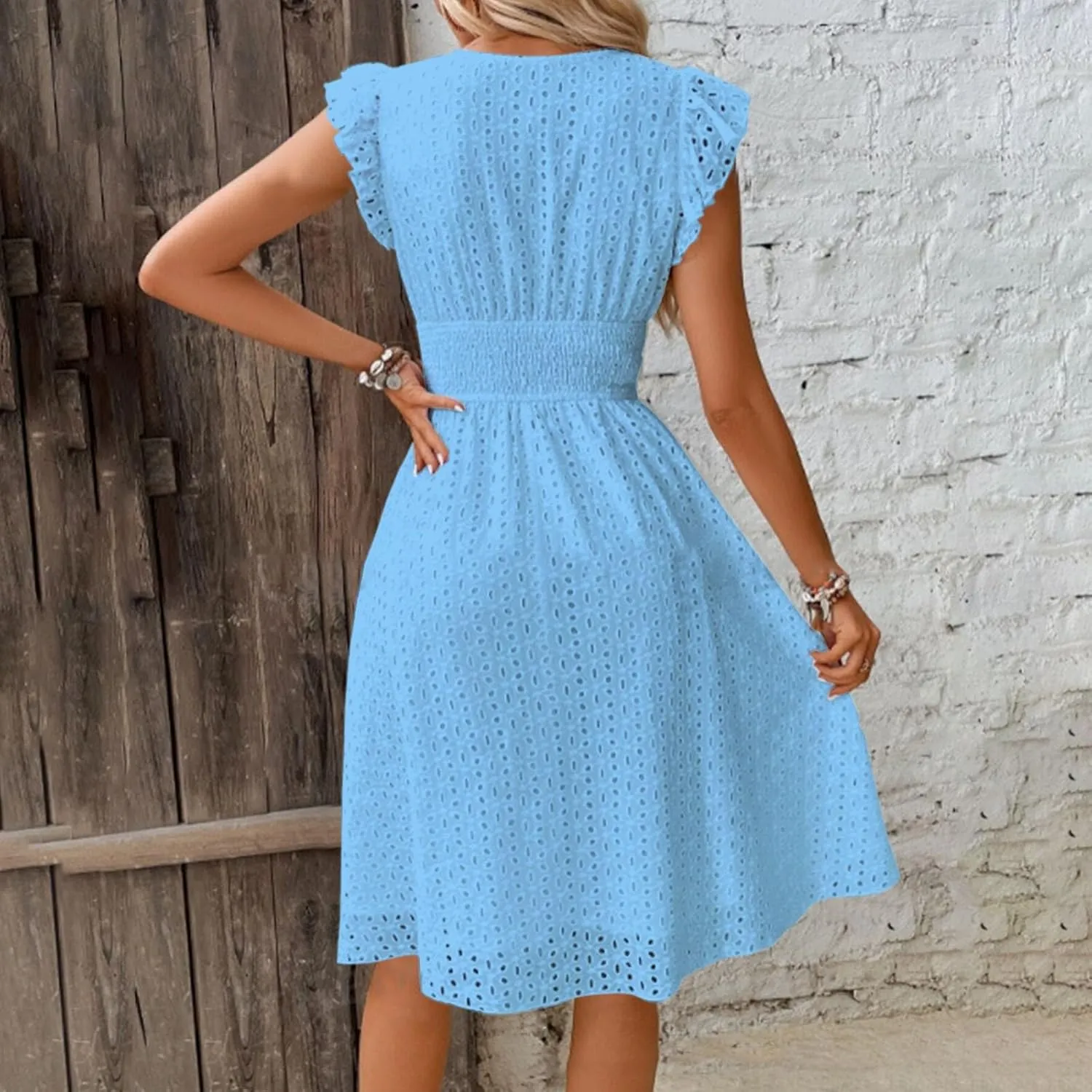 Womens 2025 Summer Short Dress V Neck Short Sleeve A Line Hollow Out Lace Ruffle Cute Casual Beach Party Dresses