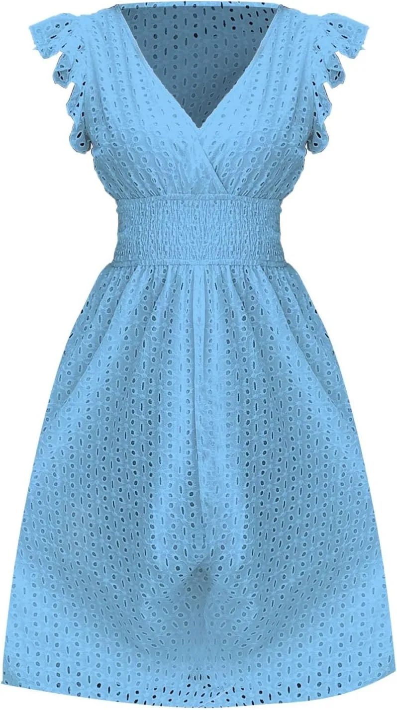 Womens 2025 Summer Short Dress V Neck Short Sleeve A Line Hollow Out Lace Ruffle Cute Casual Beach Party Dresses