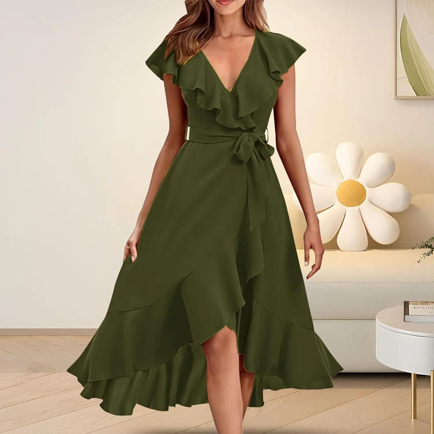 Women's 2025 Summer Wrap Midi Dress Casual Boho Deep V Neck Short Sleeve Ruffle Hem Split Beach Long Dresses
