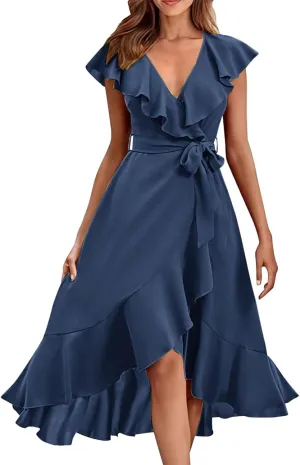 Women's 2025 Summer Wrap Midi Dress Casual Boho Deep V Neck Short Sleeve Ruffle Hem Split Beach Long Dresses