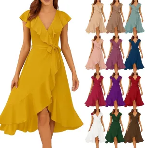 Women's 2025 Summer Wrap Midi Dress Casual Boho Deep V Neck Short Sleeve Ruffle Hem Split Beach Long Dresses