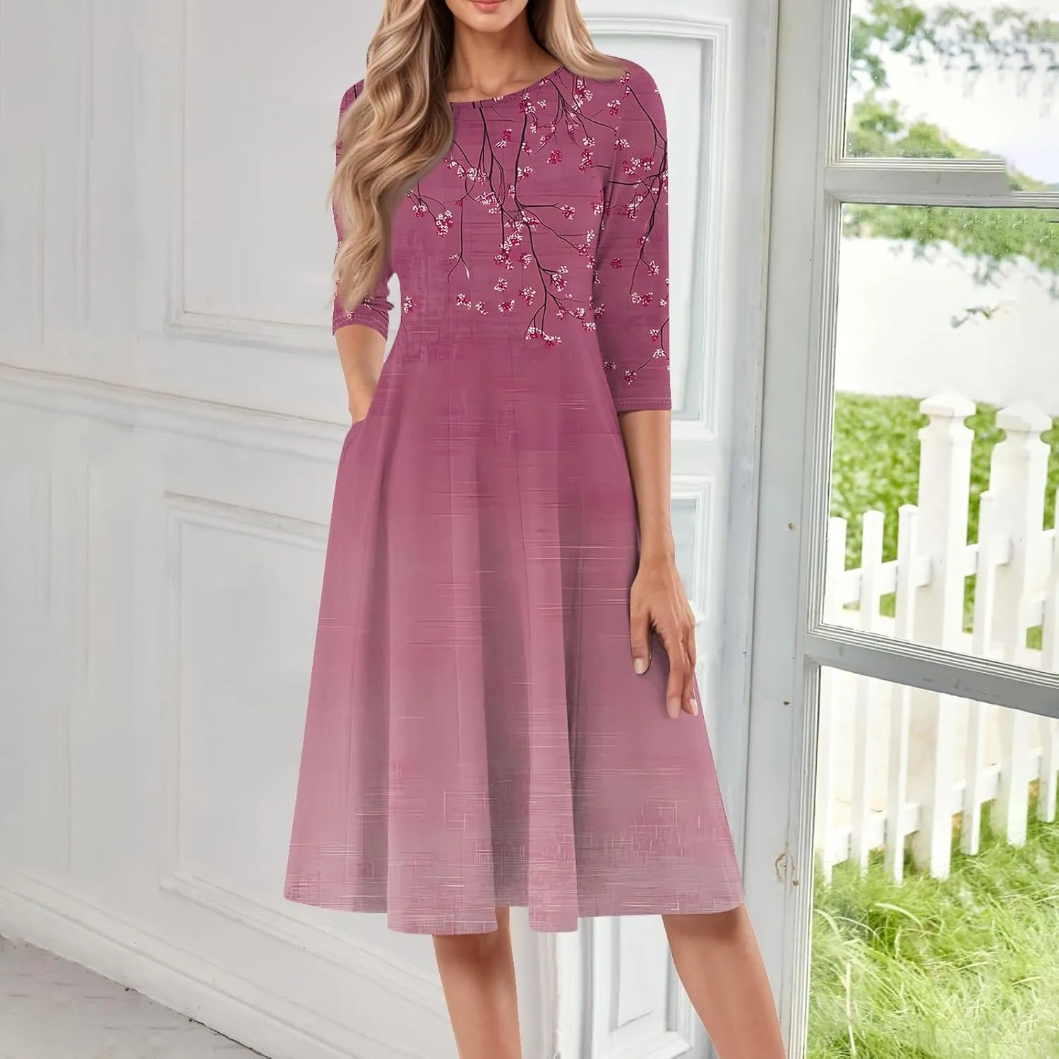 Women's 3/4 Sleeve Midi Dress Casual Round Neck Summer Dresses 2025 A Line Floral Print Curvy Dress with Pockets