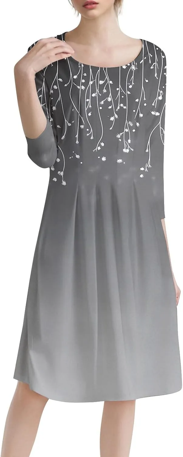 Women's 3/4 Sleeve Midi Dress Casual Round Neck Summer Dresses 2025 A Line Floral Print Curvy Dress with Pockets