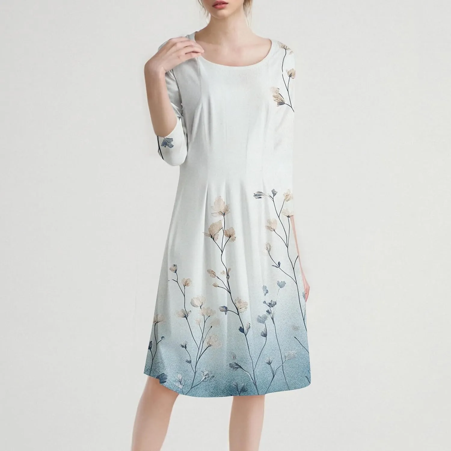 Women's 3/4 Sleeve Midi Dress Casual Round Neck Summer Dresses 2025 A Line Floral Print Curvy Dress with Pockets