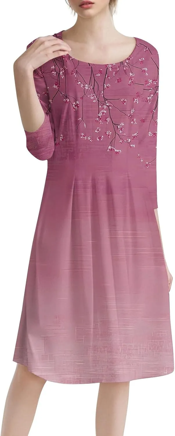 Women's 3/4 Sleeve Midi Dress Casual Round Neck Summer Dresses 2025 A Line Floral Print Curvy Dress with Pockets