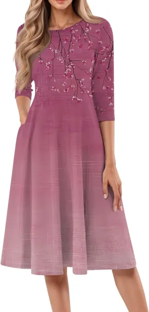 Women's 3/4 Sleeve Midi Dress Casual Round Neck Summer Dresses 2025 A Line Floral Print Curvy Dress with Pockets