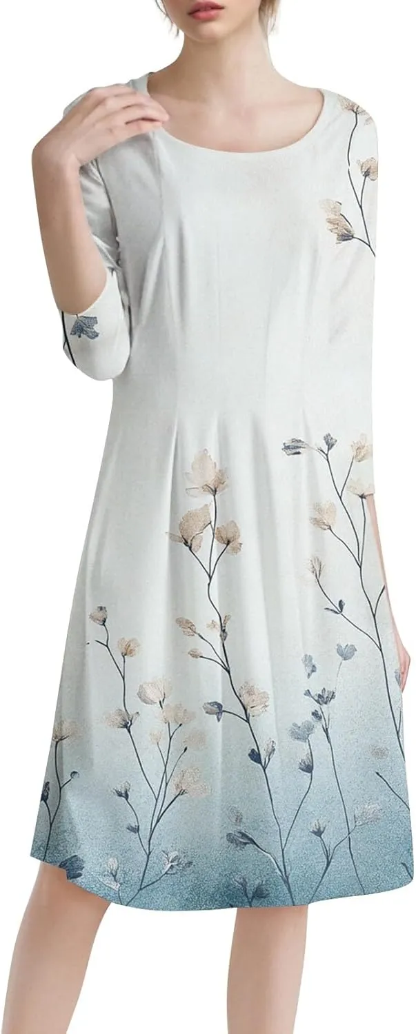 Women's 3/4 Sleeve Midi Dress Casual Round Neck Summer Dresses 2025 A Line Floral Print Curvy Dress with Pockets
