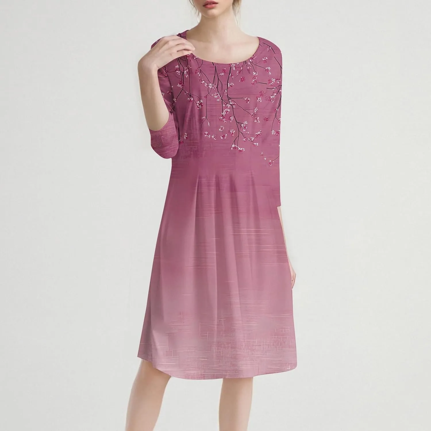 Women's 3/4 Sleeve Midi Dress Casual Round Neck Summer Dresses 2025 A Line Floral Print Curvy Dress with Pockets
