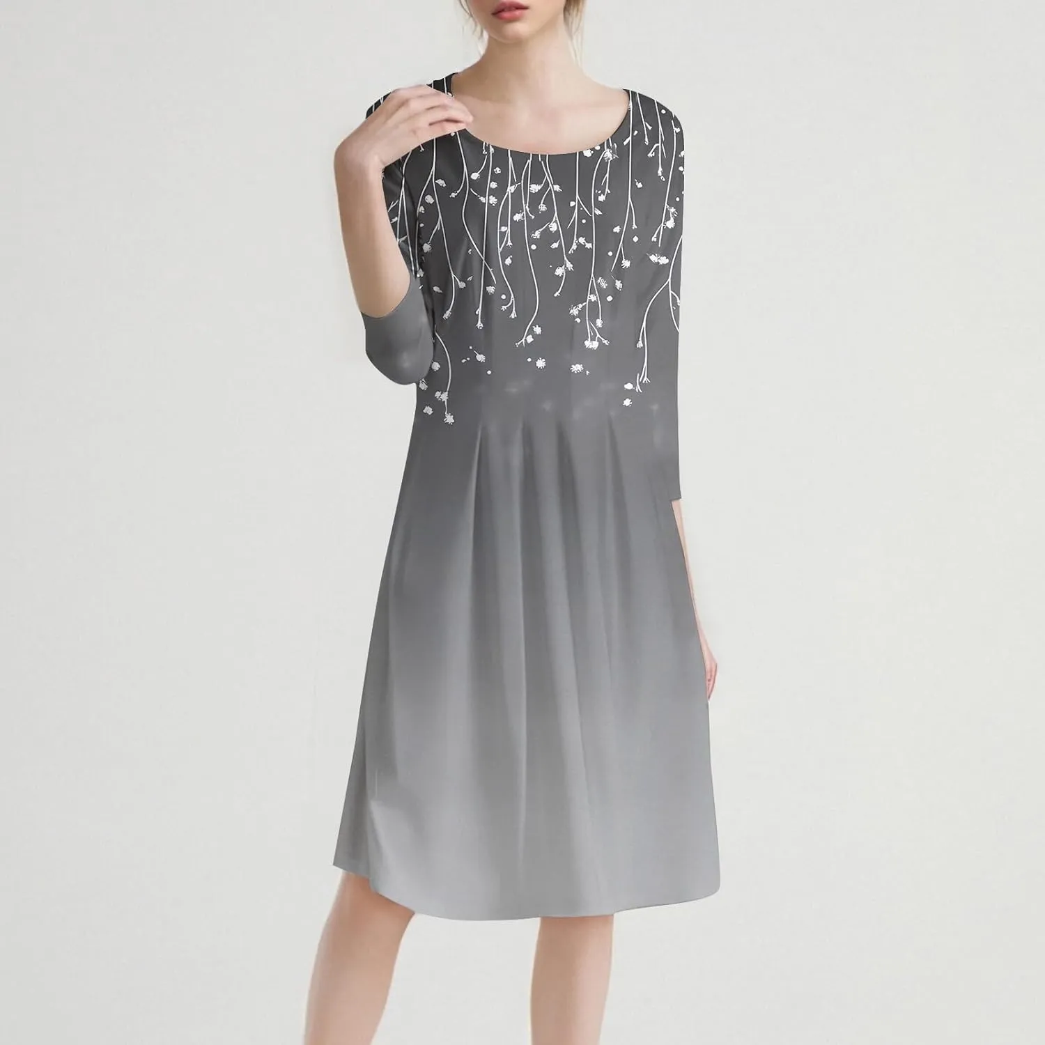 Women's 3/4 Sleeve Midi Dress Casual Round Neck Summer Dresses 2025 A Line Floral Print Curvy Dress with Pockets