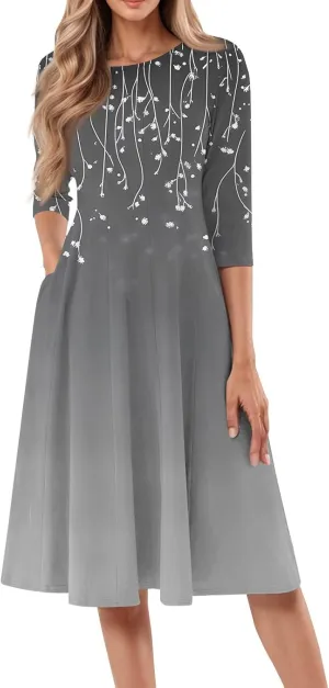 Women's 3/4 Sleeve Midi Dress Casual Round Neck Summer Dresses 2025 A Line Floral Print Curvy Dress with Pockets