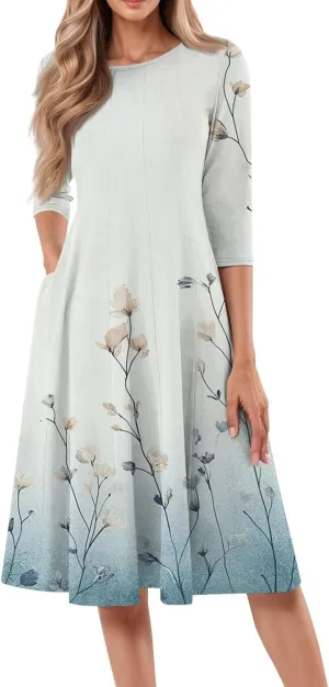 Women's 3/4 Sleeve Midi Dress Casual Round Neck Summer Dresses 2025 A Line Floral Print Curvy Dress with Pockets