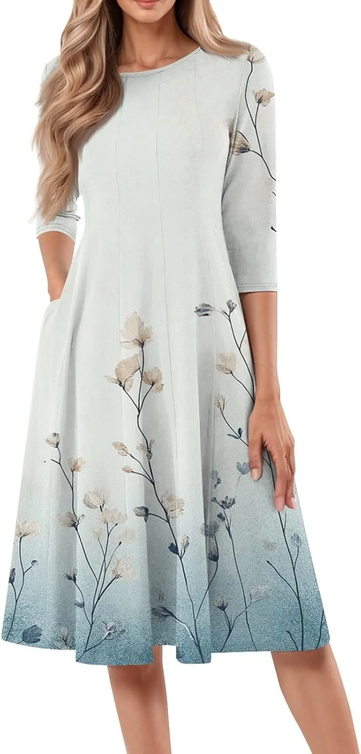 Women's 3/4 Sleeve Midi Dress Casual Round Neck Summer Dresses 2025 A Line Floral Print Curvy Dress with Pockets