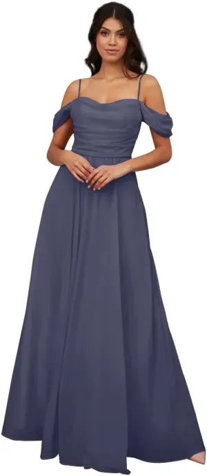 Womens A-line Sweetheart Chiffon Off Shoulder Bridesmaid Evening Dress Sleeveless Spaghetti Long Formal Gown