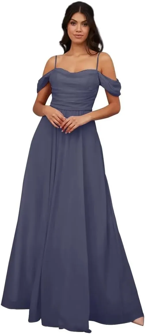 Womens A-line Sweetheart Chiffon Off Shoulder Bridesmaid Evening Dress Sleeveless Spaghetti Long Formal Gown