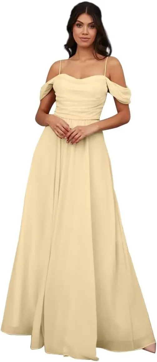 Womens A-line Sweetheart Chiffon Off Shoulder Bridesmaid Evening Dress Sleeveless Spaghetti Long Formal Gown