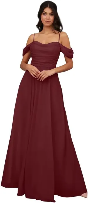 Womens A-line Sweetheart Chiffon Off Shoulder Bridesmaid Evening Dress Sleeveless Spaghetti Long Formal Gown
