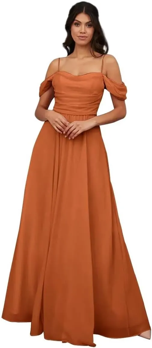 Womens A-line Sweetheart Chiffon Off Shoulder Bridesmaid Evening Dress Sleeveless Spaghetti Long Formal Gown