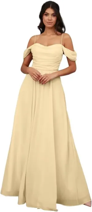 Womens A-line Sweetheart Chiffon Off Shoulder Bridesmaid Evening Dress Sleeveless Spaghetti Long Formal Gown
