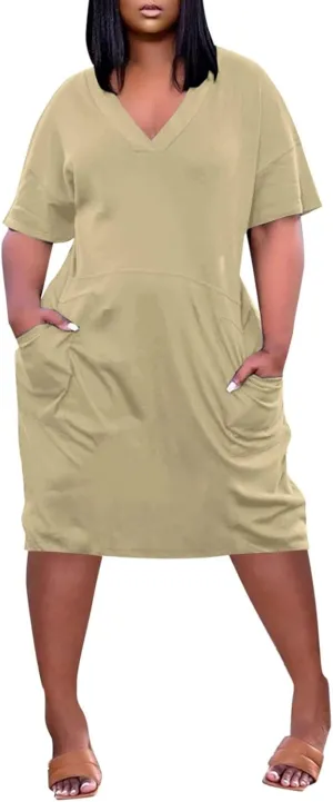 Women's Beach Dress Plus Size Summer V Neck Short Sleeve Knee Pocket Soild Color Casual Dress Casual Dresses