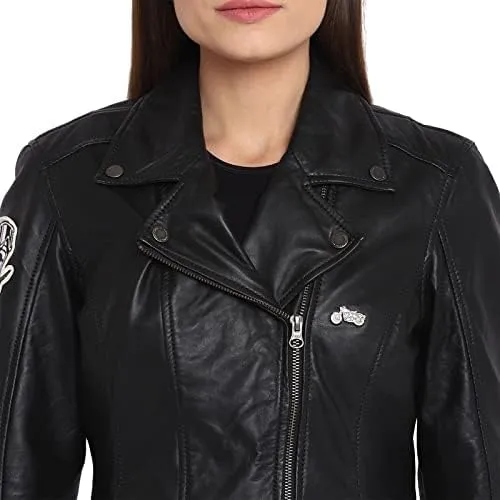 Women's Black Genuine Leather Biker Jacket-Premium Retro Racer Motorcycle Jacket for Women with Zipper,Pockets
