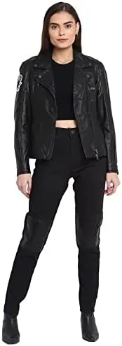 Women's Black Genuine Leather Biker Jacket-Premium Retro Racer Motorcycle Jacket for Women with Zipper,Pockets