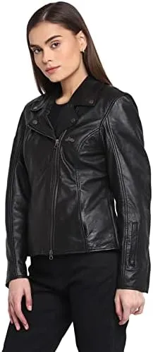 Women's Black Genuine Leather Biker Jacket-Premium Retro Racer Motorcycle Jacket for Women with Zipper,Pockets