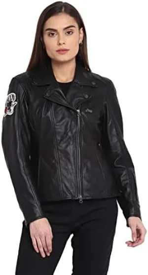 Women's Black Genuine Leather Biker Jacket-Premium Retro Racer Motorcycle Jacket for Women with Zipper,Pockets