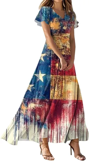 Women's Boho Summer Dresses Casual V-Neck Short Sleeve Maxi Dress High Waist Big Swing Loose Long Beach Sundress