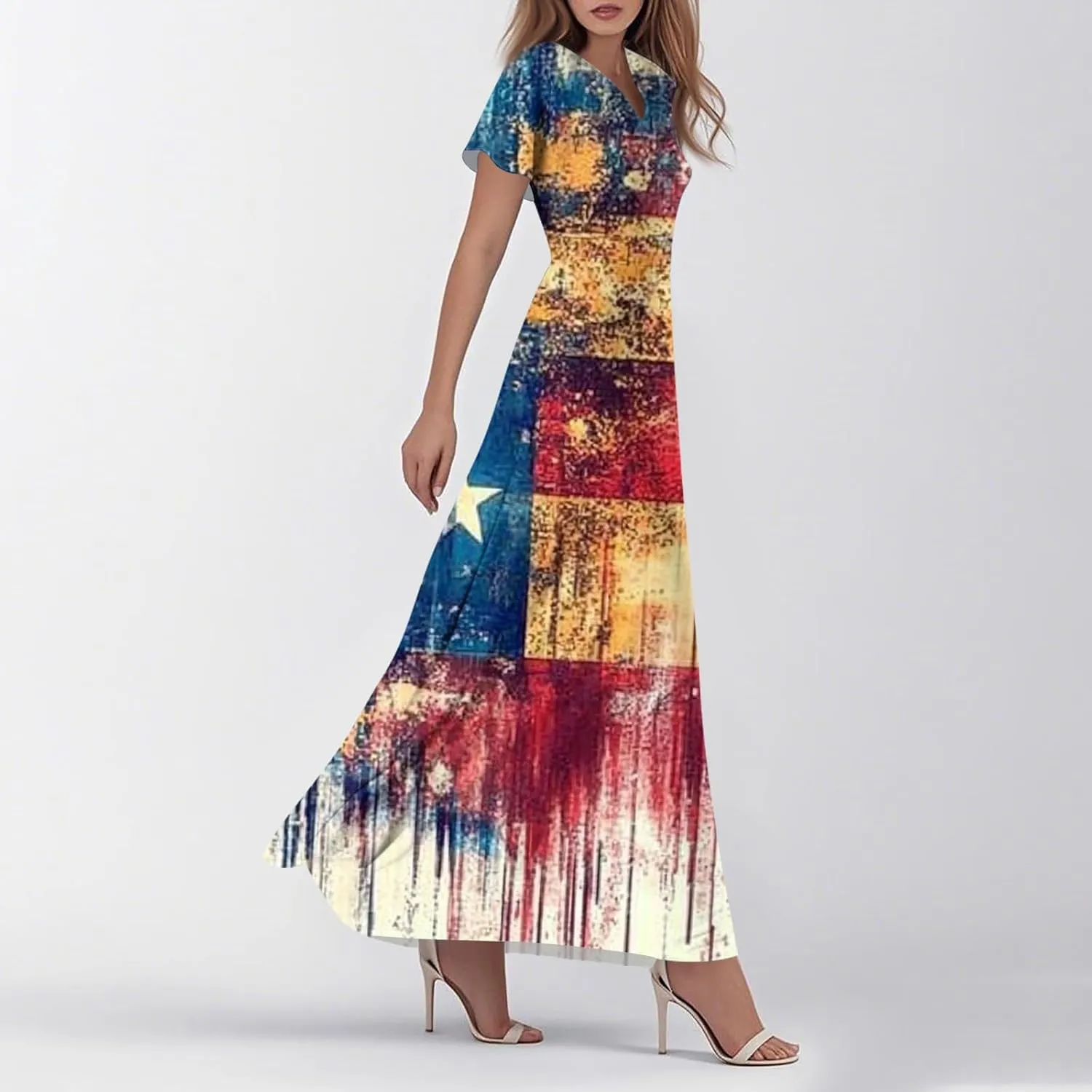 Women's Boho Summer Dresses Casual V-Neck Short Sleeve Maxi Dress High Waist Big Swing Loose Long Beach Sundress
