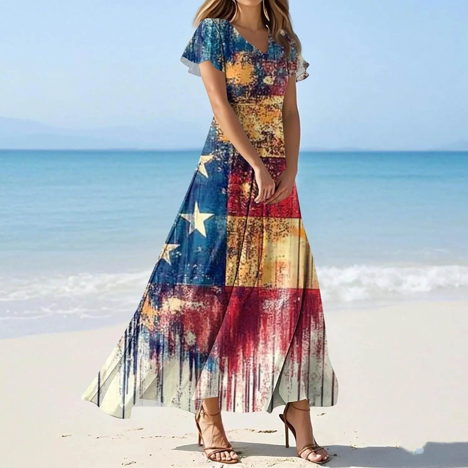 Women's Boho Summer Dresses Casual V-Neck Short Sleeve Maxi Dress High Waist Big Swing Loose Long Beach Sundress