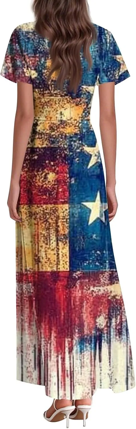 Women's Boho Summer Dresses Casual V-Neck Short Sleeve Maxi Dress High Waist Big Swing Loose Long Beach Sundress