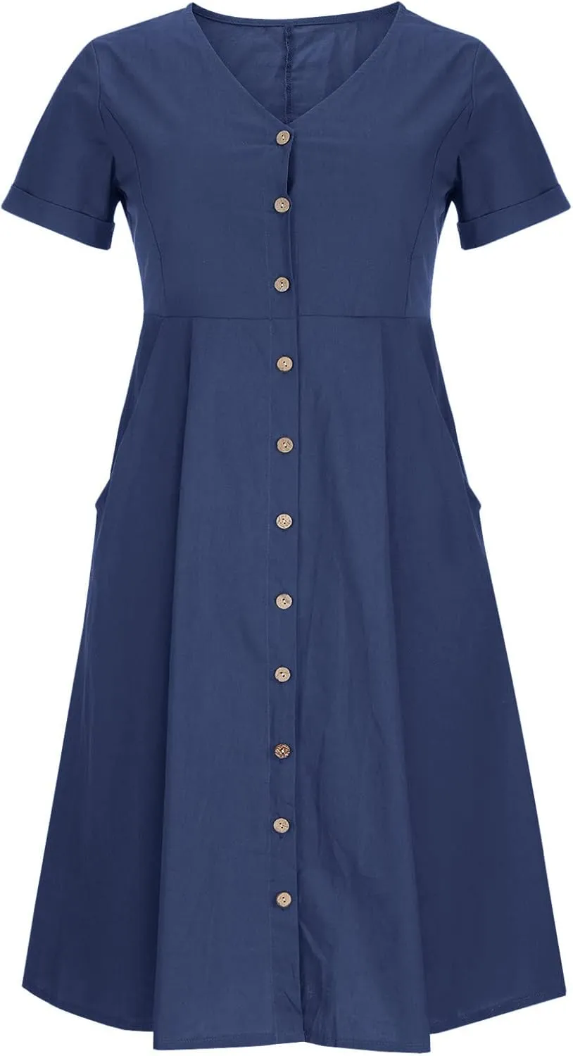 Women's Button Down Shirts Dresses with Pockets Cotton Button Up Blous Dress Casual Casual Short Sleeve Solid Clothes