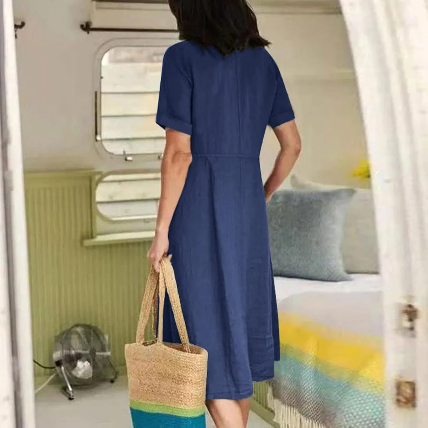 Women's Button Down Shirts Dresses with Pockets Cotton Button Up Blous Dress Casual Casual Short Sleeve Solid Clothes