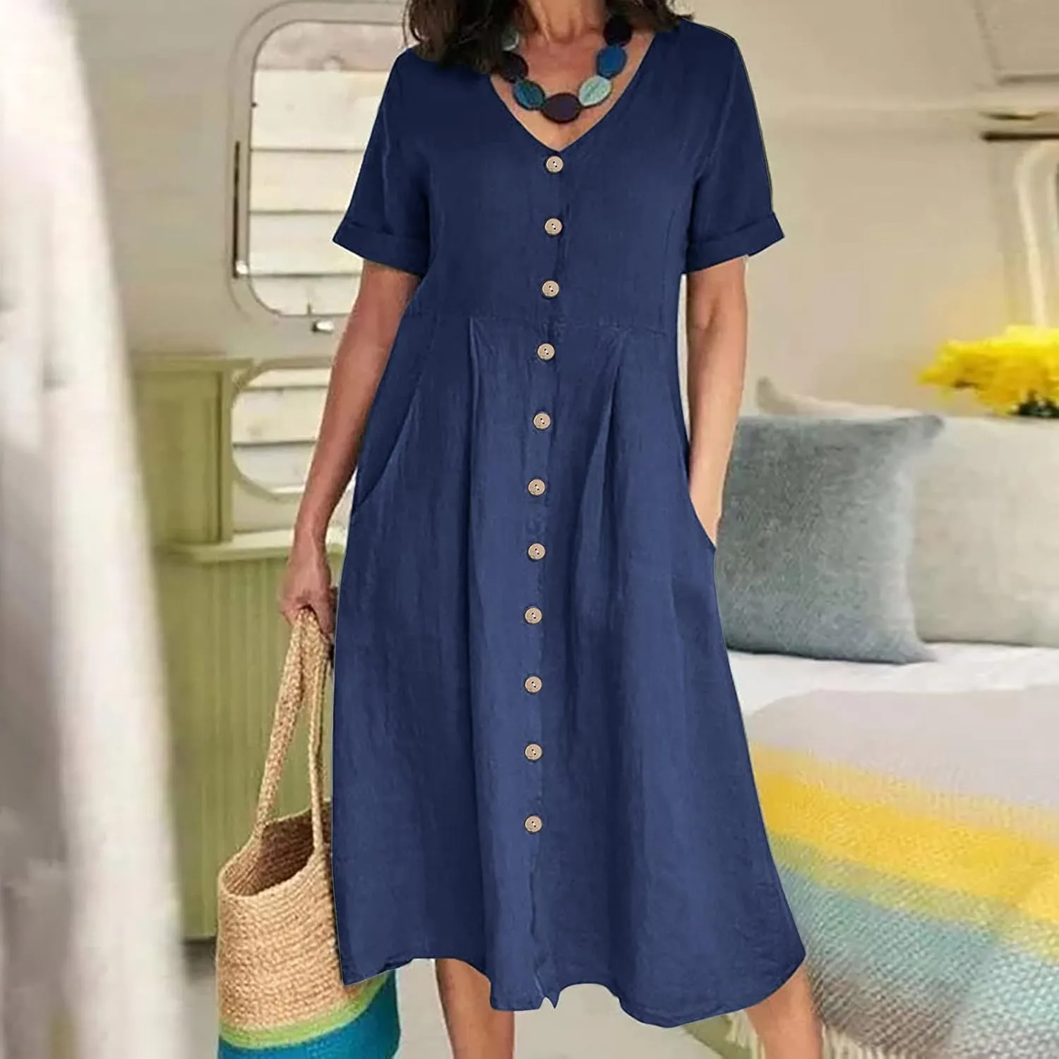 Women's Button Down Shirts Dresses with Pockets Cotton Button Up Blous Dress Casual Casual Short Sleeve Solid Clothes