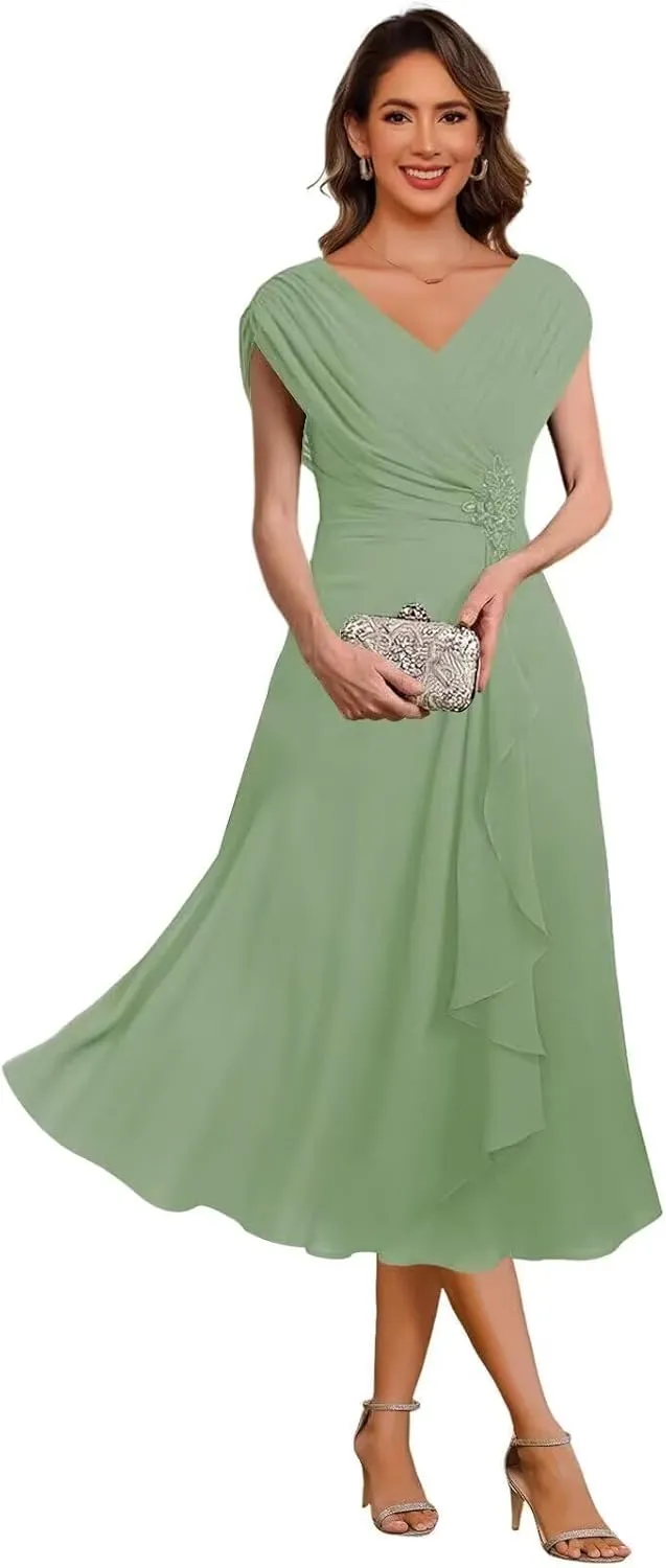 Women's Cap Sleeves Mother of The Bride Dress for Wedding A Line Chiffon Pleated Formal Evening Dresses 2025