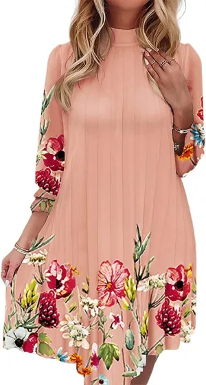 Women's Casual Butterfly Floral 3/4 Sleeve Pleated Ruffle Dress Loose Swing Boho Mini Sundress