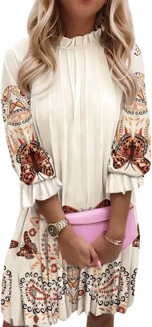 Women's Casual Butterfly Floral 3/4 Sleeve Pleated Ruffle Dress Loose Swing Boho Mini Sundress