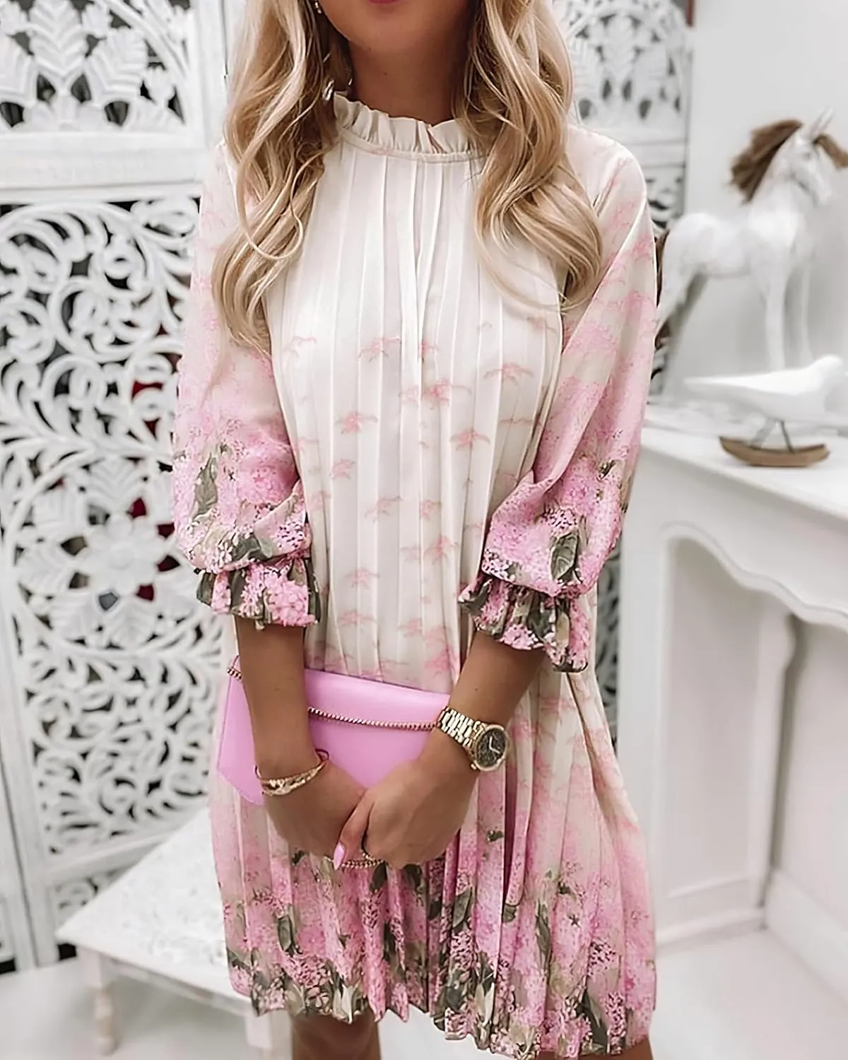Women's Casual Butterfly Floral 3/4 Sleeve Pleated Ruffle Dress Loose Swing Boho Mini Sundress