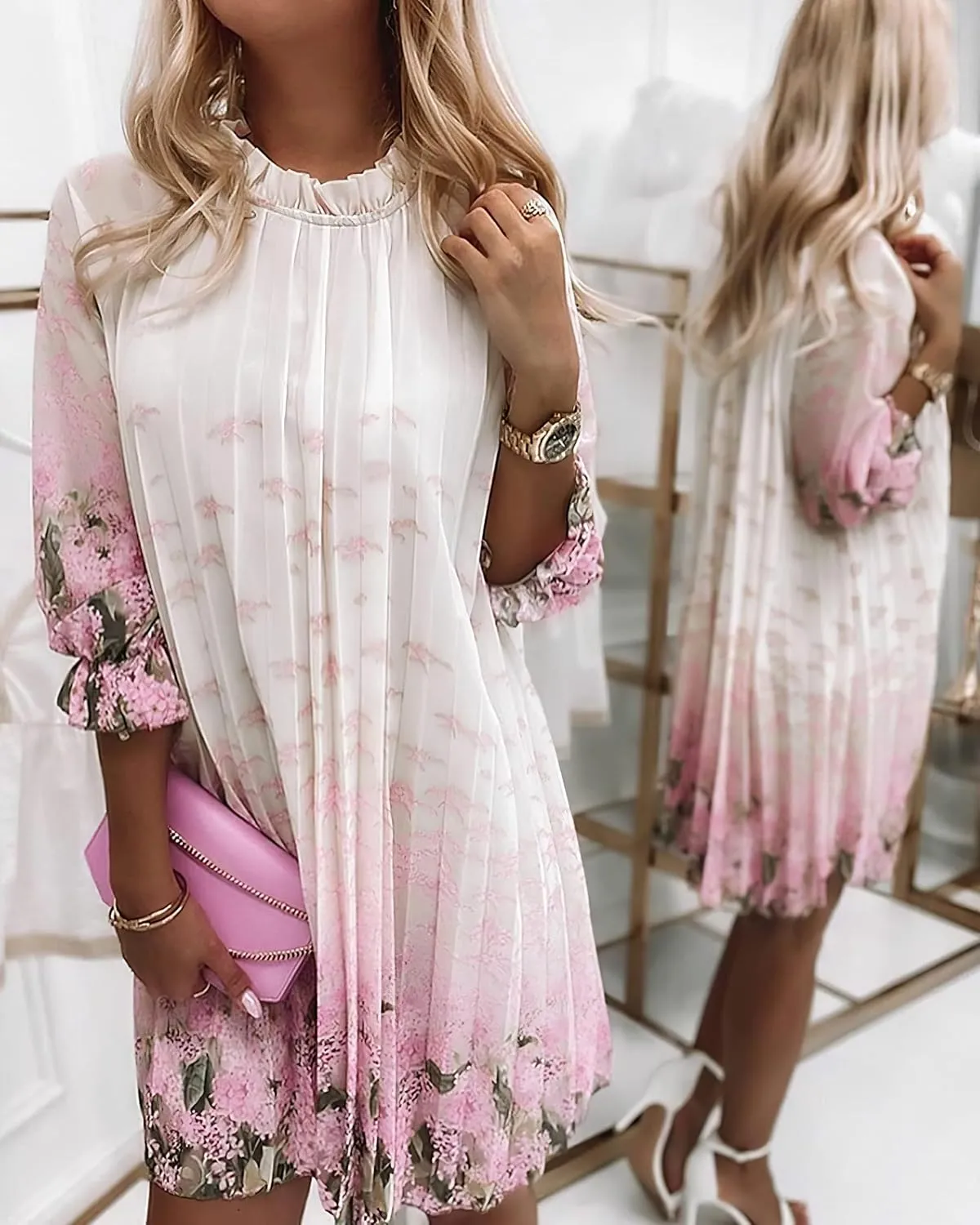 Women's Casual Butterfly Floral 3/4 Sleeve Pleated Ruffle Dress Loose Swing Boho Mini Sundress