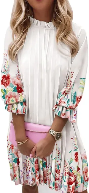 Women's Casual Butterfly Floral 3/4 Sleeve Pleated Ruffle Dress Loose Swing Boho Mini Sundress