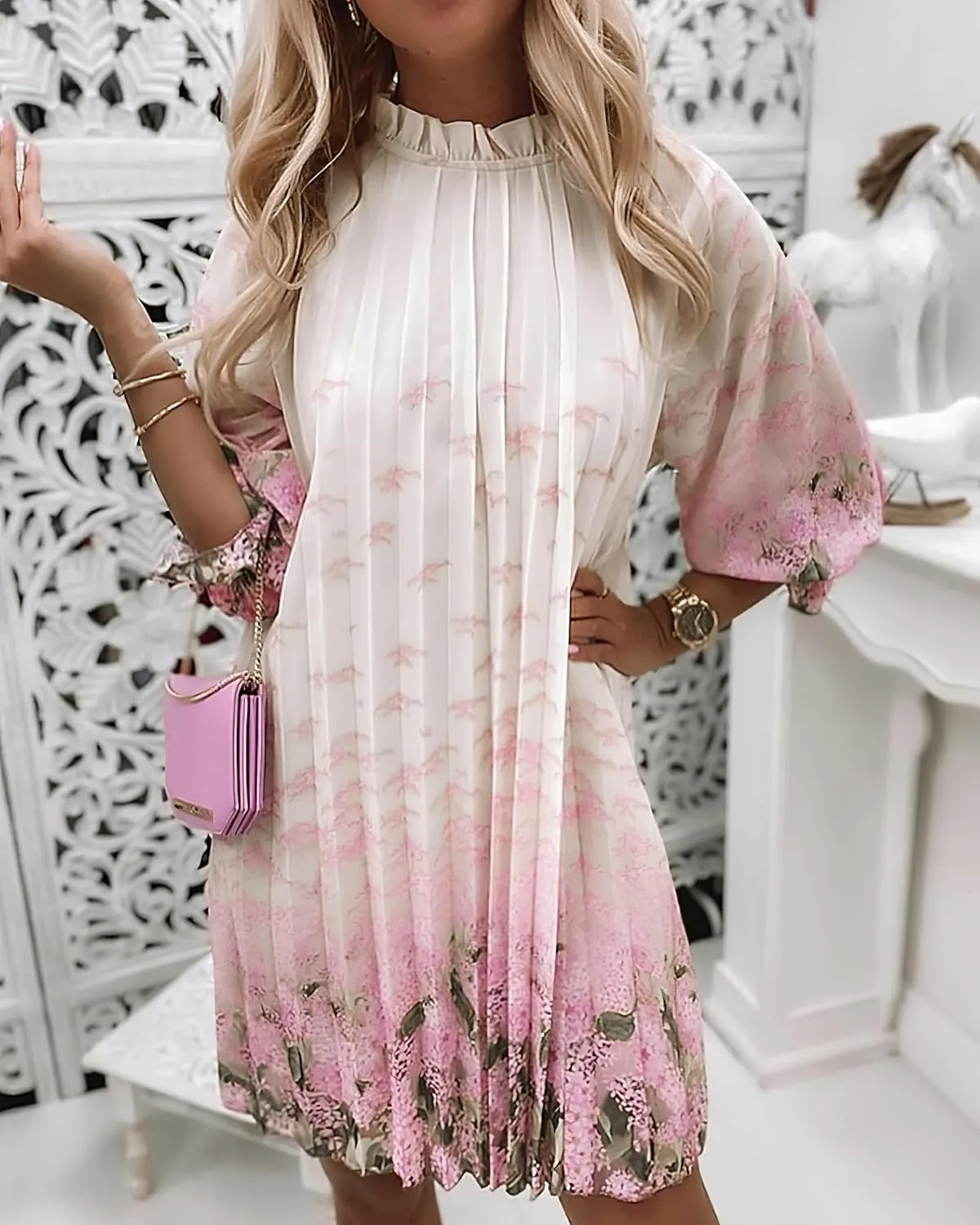 Women's Casual Butterfly Floral 3/4 Sleeve Pleated Ruffle Dress Loose Swing Boho Mini Sundress